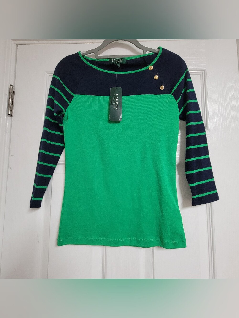 Lauren Ralph Lauren NWT Green and Navy Striped Boatneck Top with Gold Buttons .